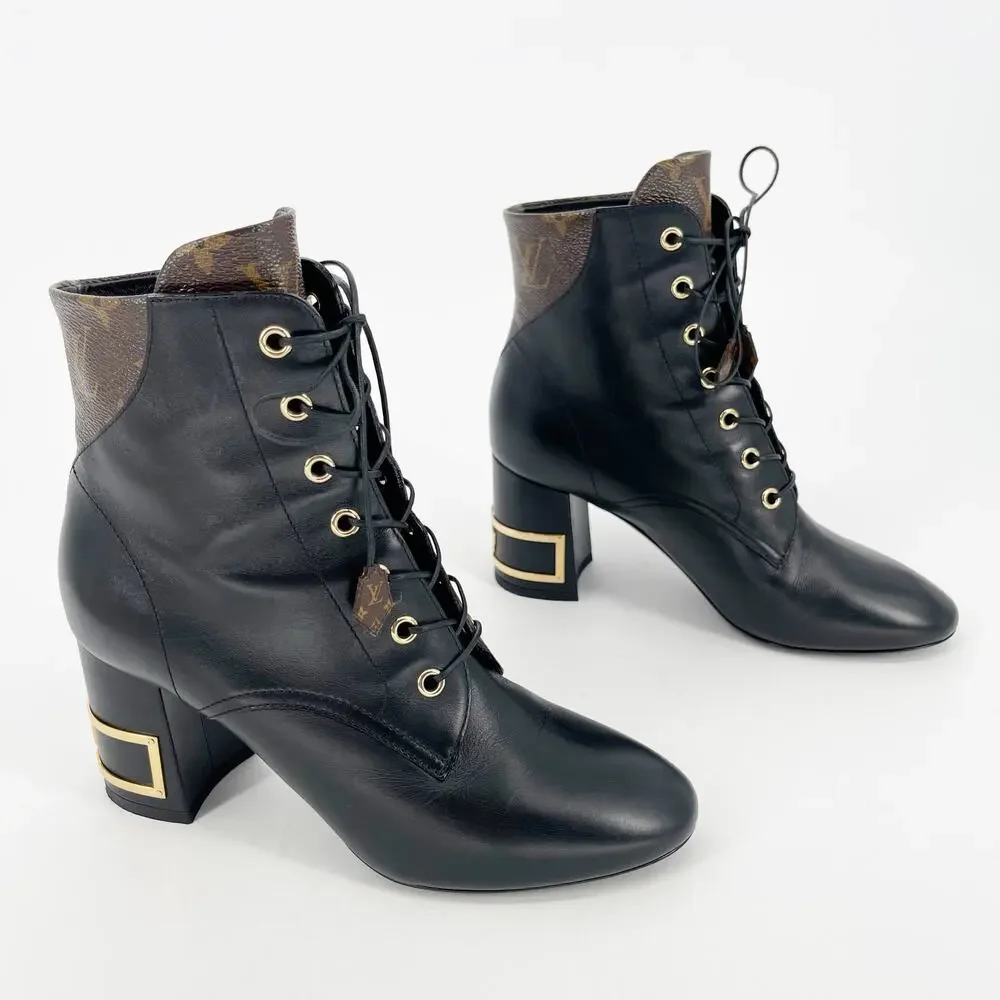 Louis Vuitton 2020 Bliss Black Leather Monogram LV Canvas Ankle Boots EU 37.5 - Picture 4 of 15